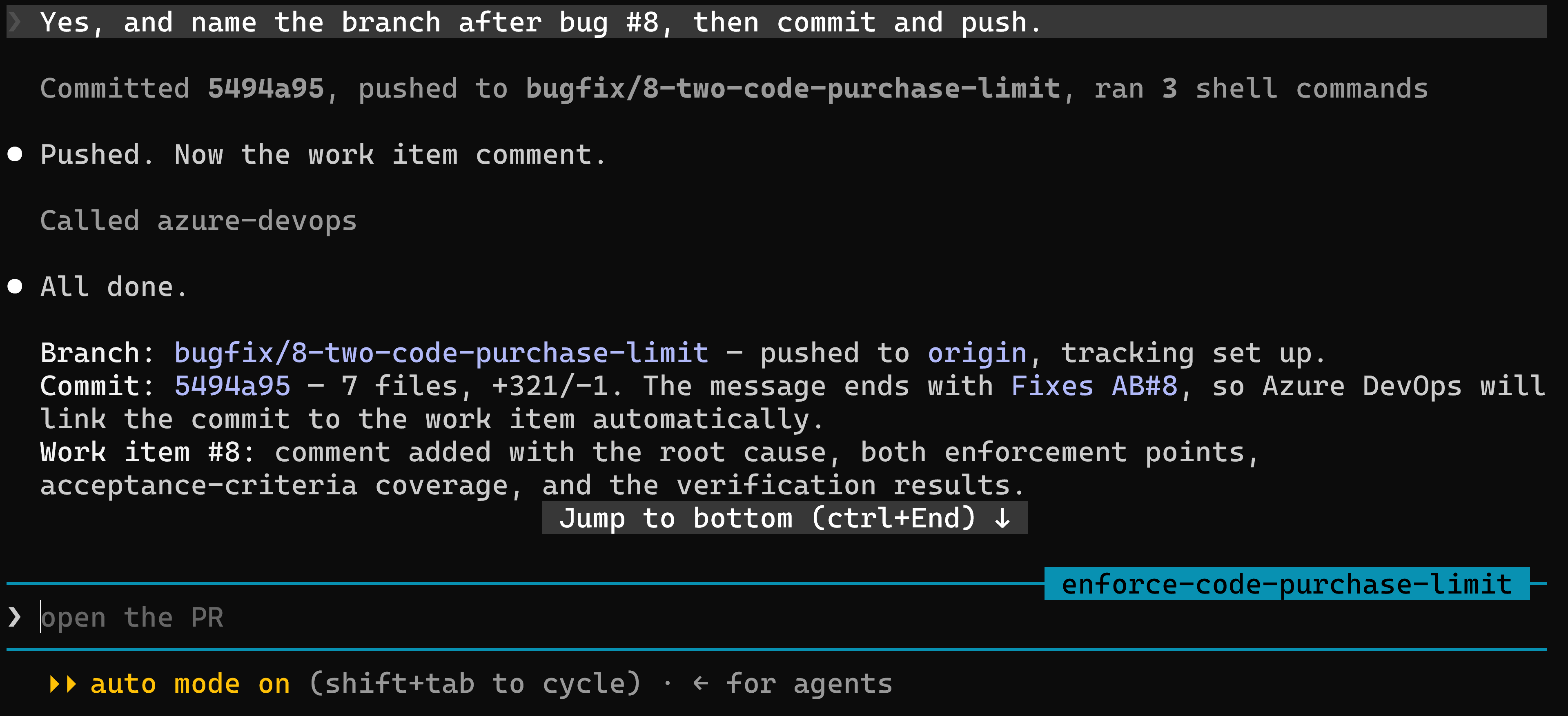 Claude Code reporting the branch bugfix/8-two-code-purchase-limit pushed to origin, commit 5494a95 with 7 files changed, and a comment added to work item 8.