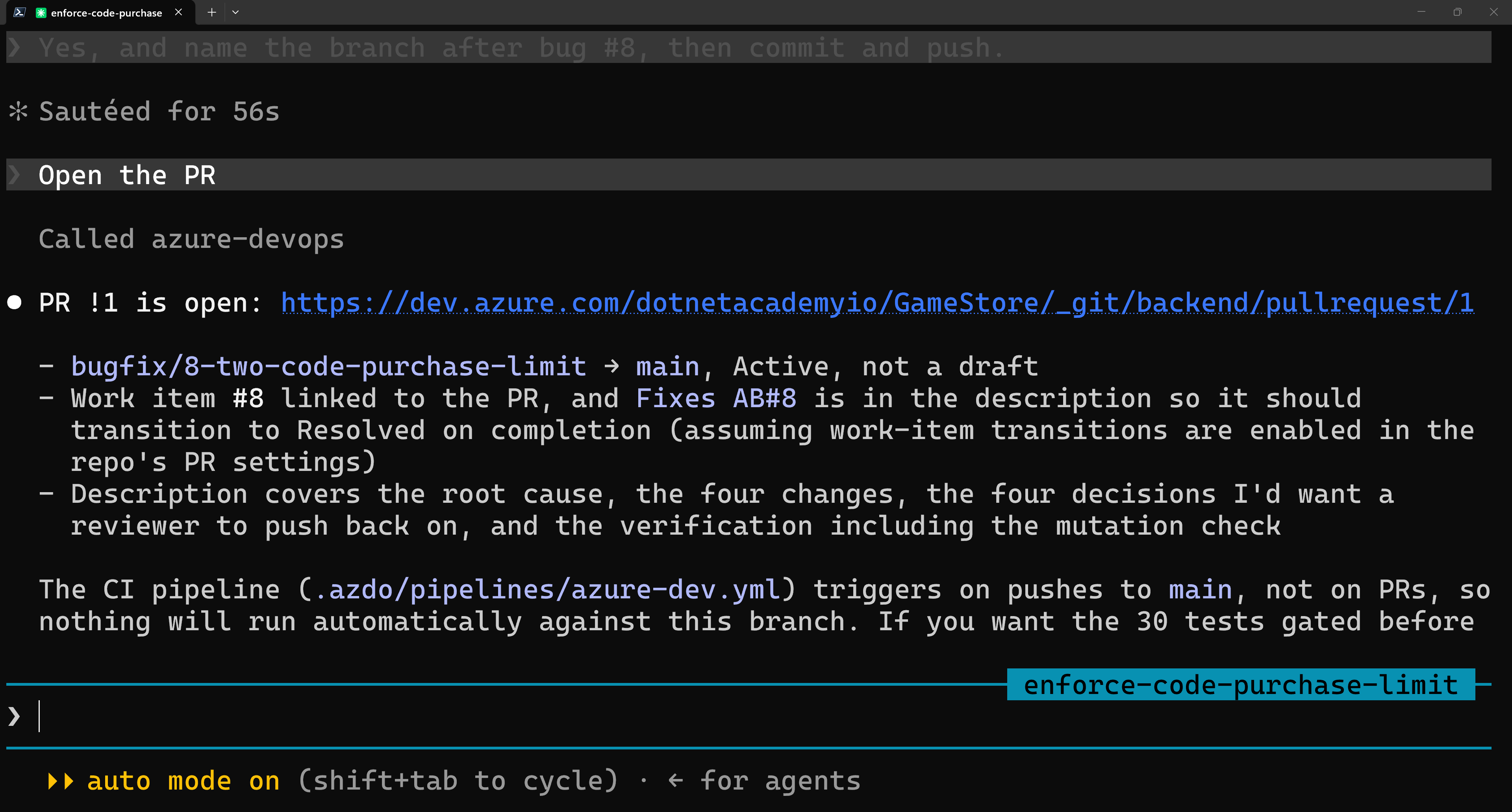 The pull request in Azure DevOps with the description Claude wrote, explaining why a per-line-item cap would not have fixed the bug.