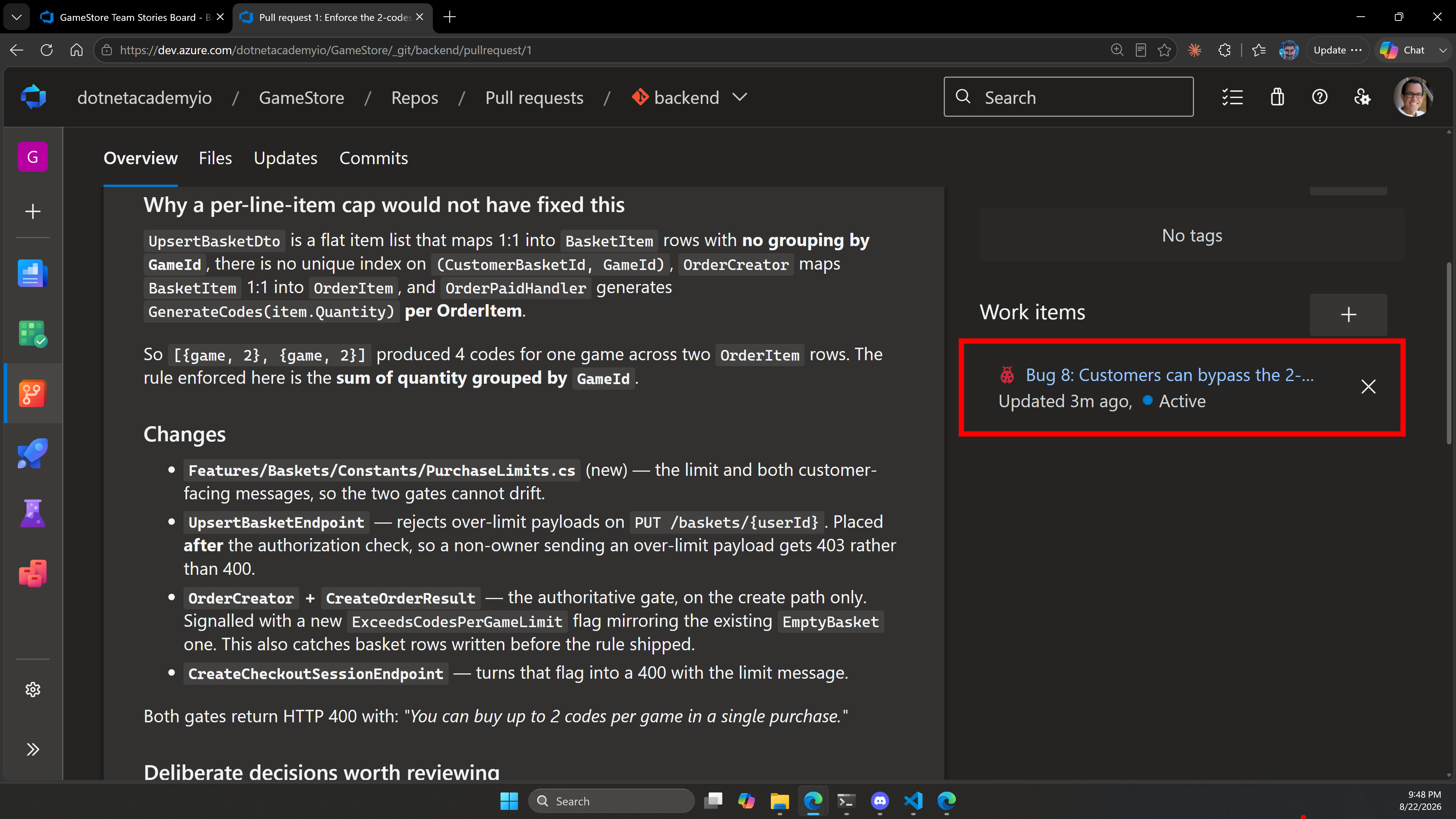 The Azure DevOps pull request page with the work item and linked bug visible alongside the description