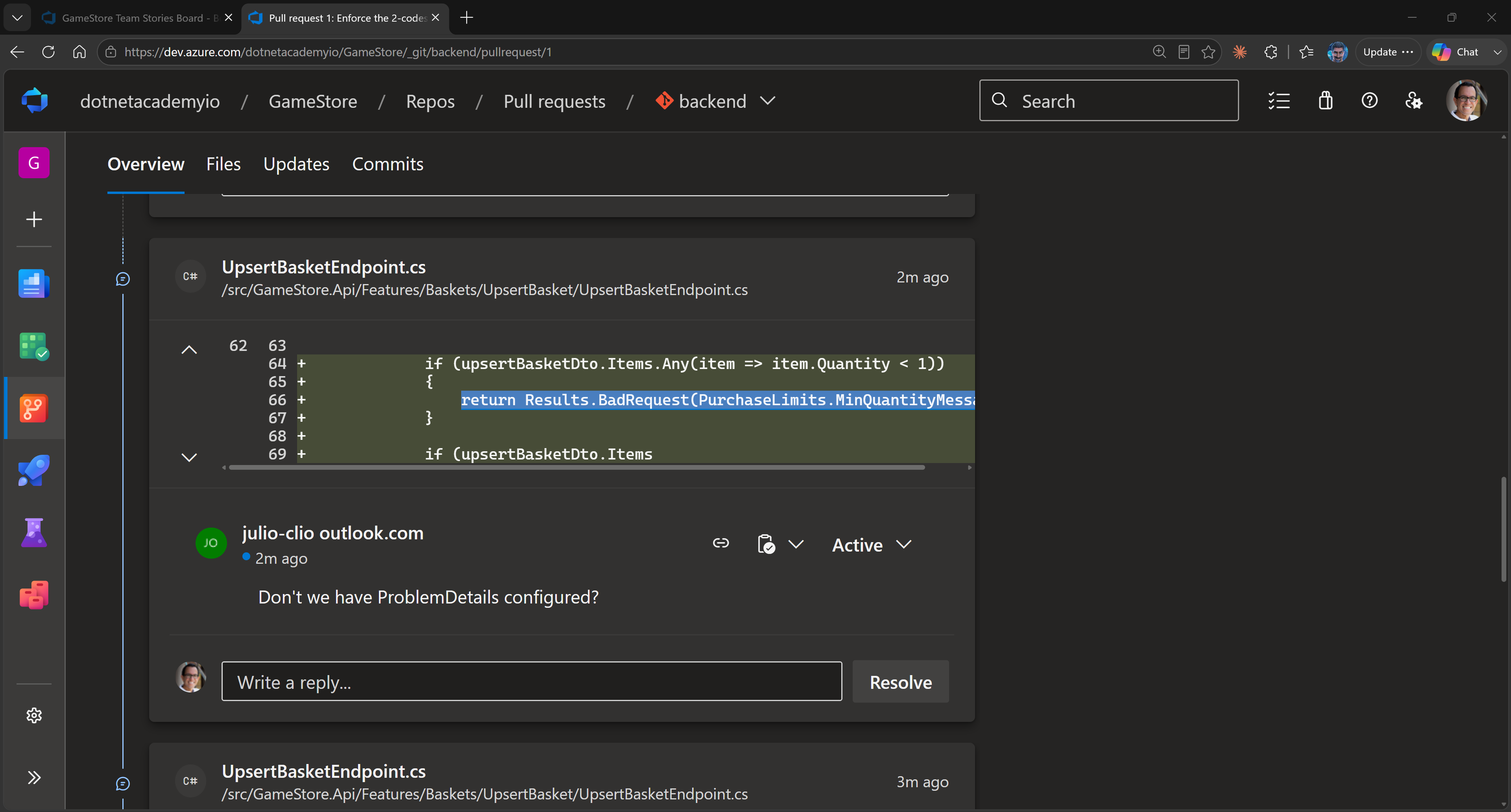 A review comment on the pull request in Azure DevOps asking whether ProblemDetails is configured, sitting on the new basket validation code.