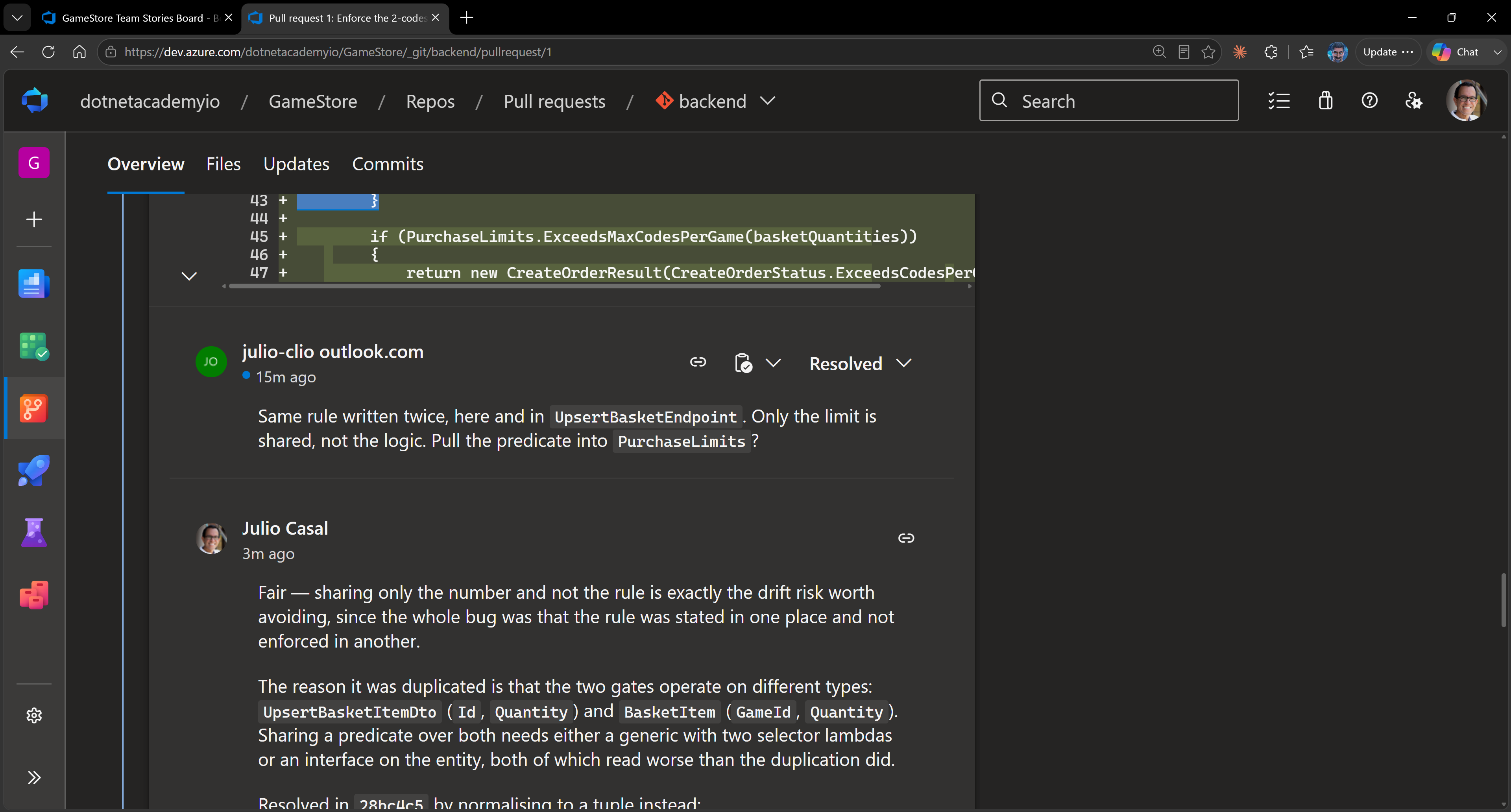 The Azure DevOps PR thread list after the fix, showing the reviewer comments all marked addressed and resolved.