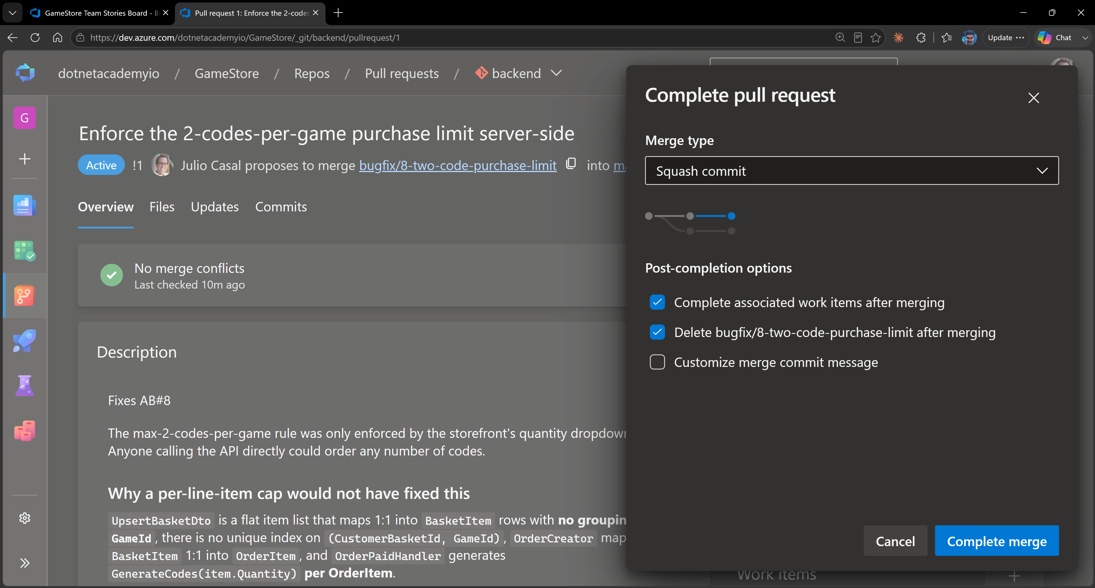 The Azure DevOps pull request completion screen showing the completed PR and the work item closing workflow.