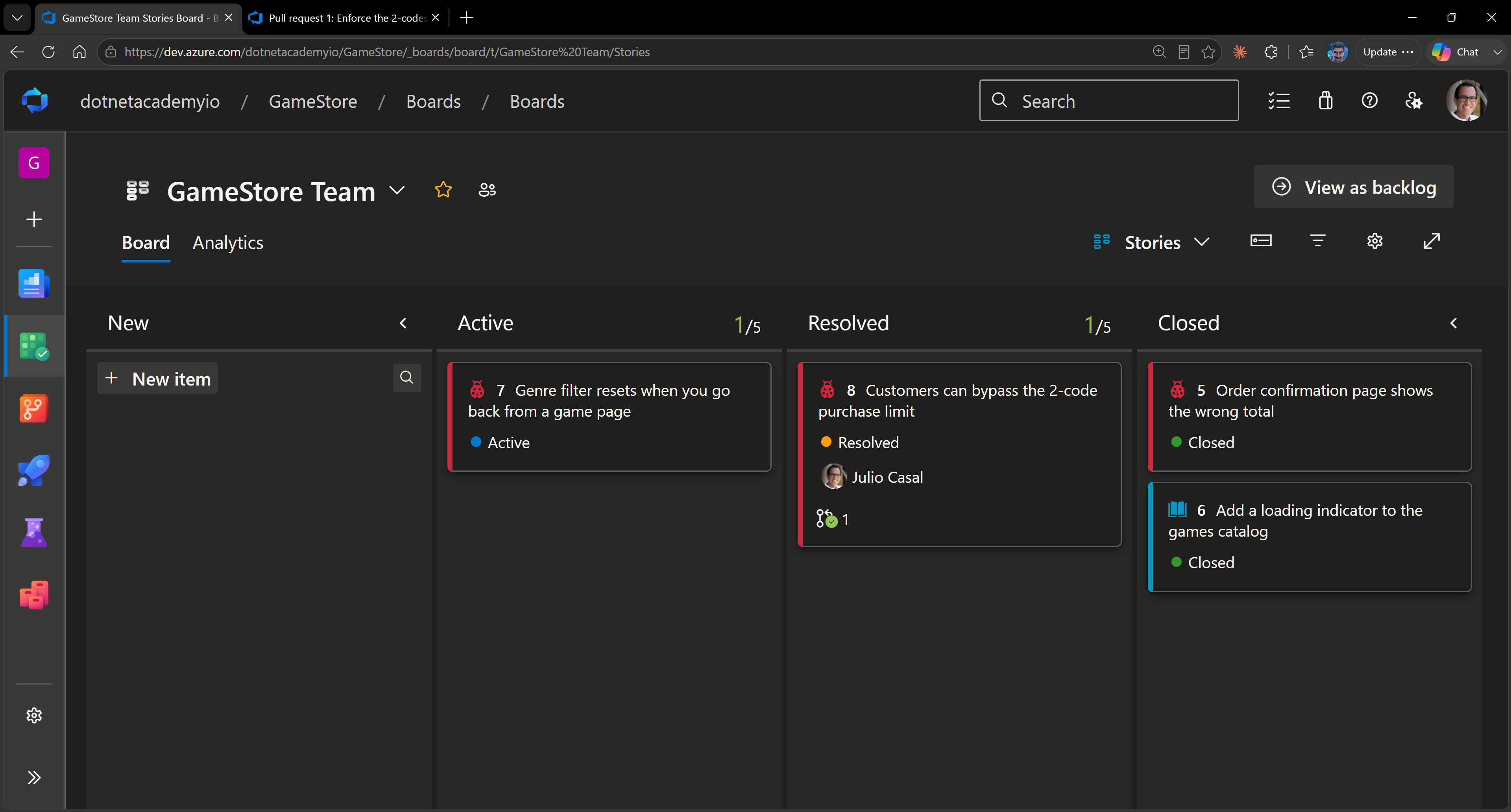 The Azure DevOps board with bug 8 in the Resolved column, assigned, with a pull request link.
