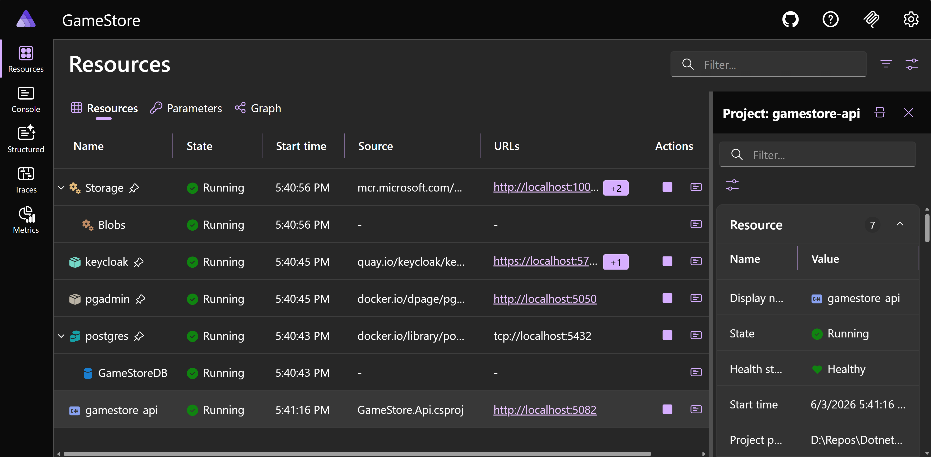 Aspire dashboard showing every service running after one F5
